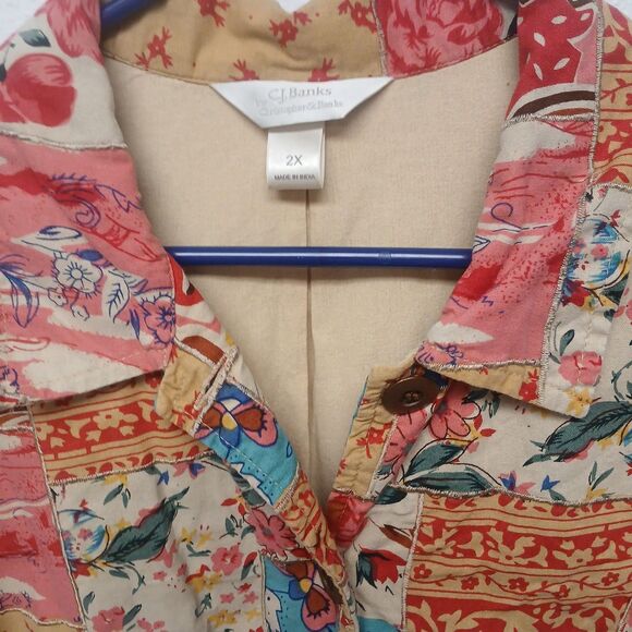 Fall Quilt Patchwork 2x Floral Button Front Shirt Jacket Coat Blazer C Banks - Picture 2 of 8